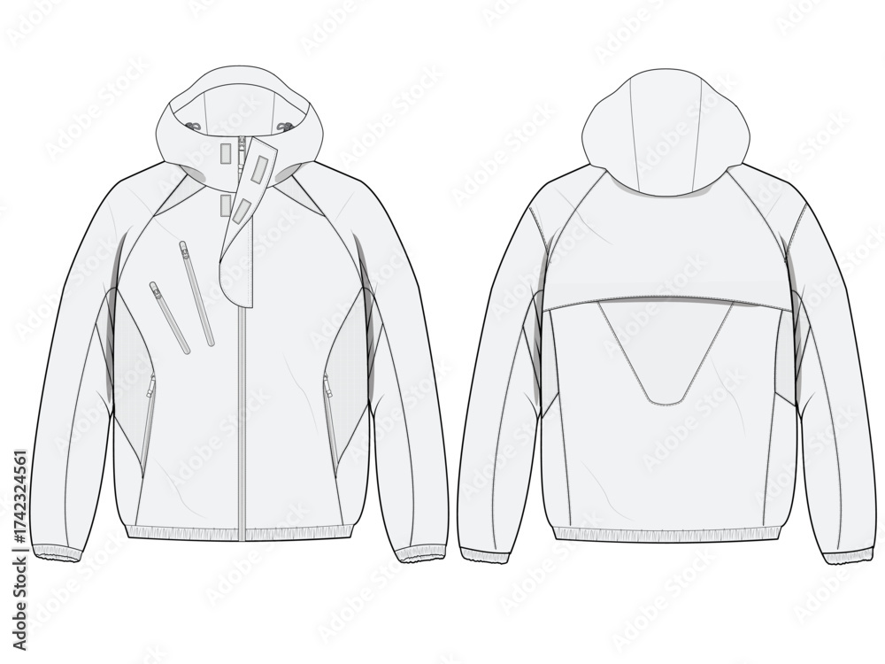 Jacket Rig Autocad Hooded windbreaker jacket technical CAD fashion illustration front and ...