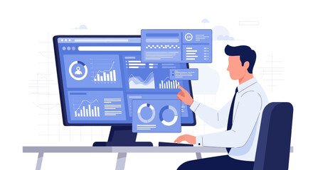 Man interacting with data visualization dashboards on a computer screen in office setting