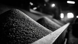 Granular activated carbon pile in dim industrial space with dramatic lighting and textured surface creating moody contrast