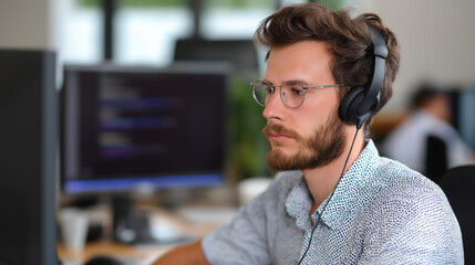 A software engineer writes code on multiple screens in tech startup office debugging application while drinking coffee in casual attire with headphones software development prog