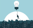 © Eugen - Business Man Flying on a Light Bulb above the City Silhouette. People and activities, company leadership CEO and white collar worker vector art