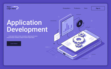 Smartphone with cogwheels and infographic screen on purple background. Application development landing page isometric template. Making software for cellphones 3d vector illustration for web page