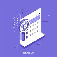 Isometric vector illustration with magnifying glass over a document with checklist showing feature list development process. Quality control and product verification.