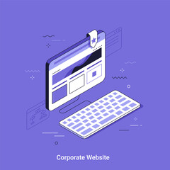 Isometric flat design of a computer monitor with a keyboard. Responsive website design and development concept for business. Vector illustration in linear style