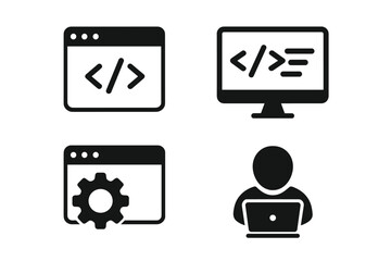 Web development icon set. Programming, coding, and software engineering vector symbols. Includes developer, code editor, and settings icons for app and website design.