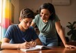 © SERHII - Brazilian teenage student studying at home with teacher guidance