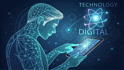 Digital technology interface with person using tablet and atom graphic in a blue futuristic style