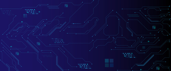 Wall Mural - Glowing light blue neon AI chip with thin circuit contact lines.