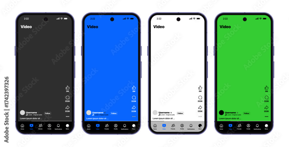 Facebook video feed screen mockup — dark, light, blue, and green mode ...