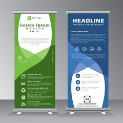 Wall Mural - roll up banner template design for business, modern x-banner with green and blue colours, vertical and  standees banner advertising. roll up vector banner template for event, party, illustration