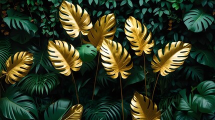  Golden tropical leaves with dark green foliage background
