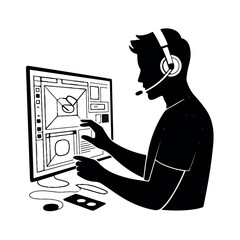 A man with a headset is working on a computer, isolated on white background he is designing a website or application interface, or providing support