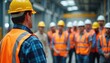 © Pete - Construction workers listen to safety briefing in warehouse setting. Men in vests, helmets at workplace. Team receives instructions, training. Professional teamwork emphasizes safety regulations,