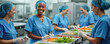 © Pete - Hospital kitchen staff in blue uniform preparing healthy meals. Smiling workers serve balanced food in food trays. Team prepares fresh vegetable salads and dishes. Healthcare nutrition.
