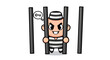 © MumarProject - Cartoonish convict imagining escape behind bars with a key thought bubble graphic illustration