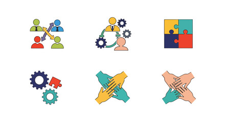 Conceptual illustrations showcasing teamwork collaboration problem-solving and organizational