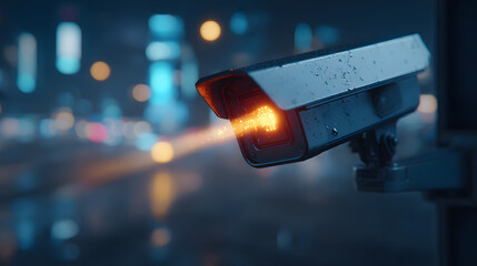 Wall Mural - Close-up of advanced security camera with glowing lights against night city streets symbolizing futuristic surveillance and precision engineering in modern urban technology
