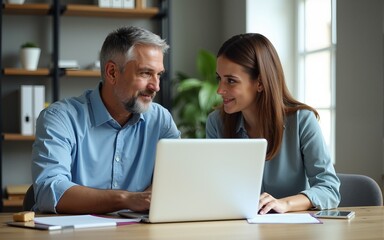Mature mentor man and European leader woman discussing project on laptop in office. Two diverse partners, colleagues, team of confident professional business people work together. Banner, copy space