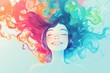 © Татьяна Евдокимова - Smiling woman listening to headphones, vibrant abstract hair flowing around her, representing artistic expression and joy