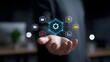 © pkproject - A hand holding a digital interface showcasing various icons and symbols representing the integ n of advanced technology, automation, and innovative solutions for the future.