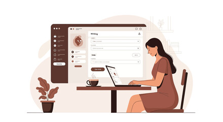Woman using online writing platform with coffee, creating content with modern interface