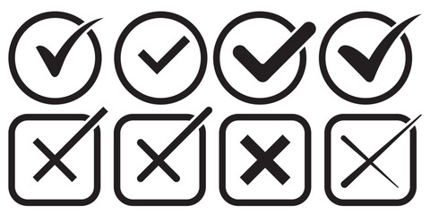 Wall Mural - Check mark icon set. Check box icon with right and wrong buttons and yes or no checkmark icons in green tick box and red cross. vector illustration .