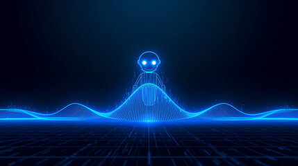 Futuristic AI robot with glowing eyes standing above digital wave technology background