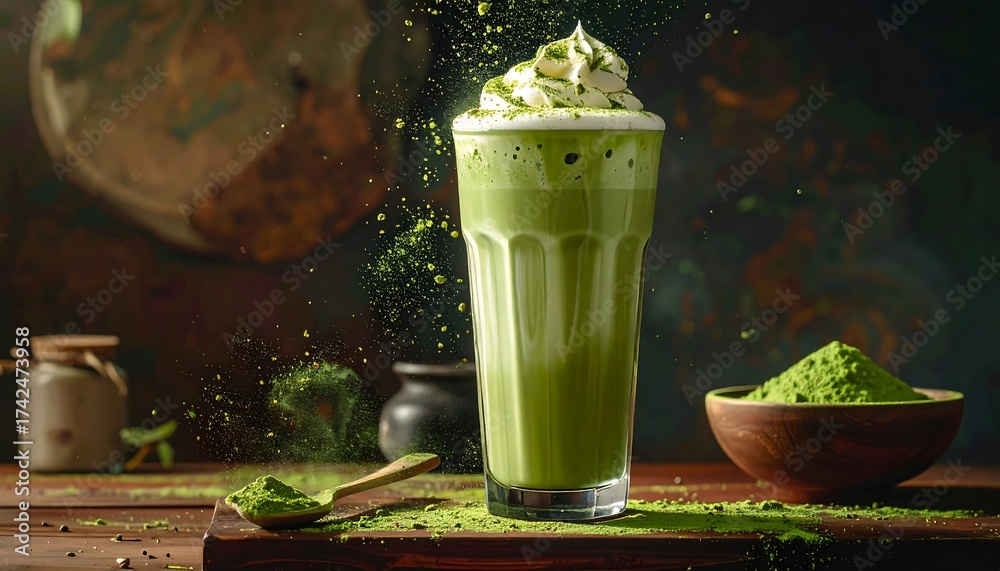 Matcha Dusting Creamy matcha latte with foam topping, matcha powder dust floating ...
