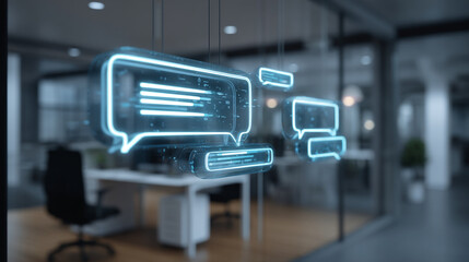 Glowing message bubbles hanging in an office space with desk and chair visible
