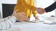 © rogerphoto - Professional businesspeople shaking hands, confirming partnership agreement in contemporary corporate sunny office. Business handshake