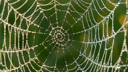 A glistening spiderweb, strung with hundreds of water droplets that sparkle against a blurred green background. The circular web is intricately spun
