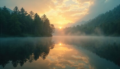 Wall Mural - Photo shows sunrise over misty forest lake. Calm water reflects the sky trees creating a tranquil scene. Golden hour light bathes nature with morning glow creating a peaceful view.