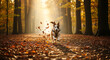 © Hanan - A happy dog runs through a forest in autumn with leaves falling all around it as the sun shines through the trees, creating a beautiful and magical scene