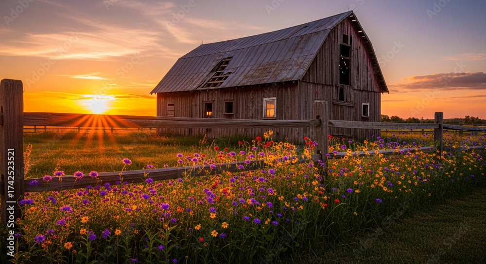 A picturesque sunset illuminates an old barn surrounded by vibrant ...