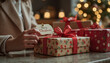 © Fanil - close-up of businesswoman's hand holding wrapped gift with 'Merry Christmas' tag on shiny office desk