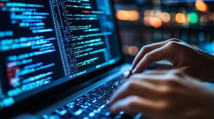 Coding Mastery: A focused coder's hands navigate across a keyboard, illuminating lines of code that dance across the laptop screen, in the pursuit of innovation.