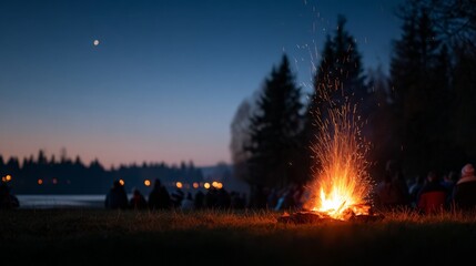 Wall Mural - Nighttime campfire gathering by the lake with silhouetted forest and twilight sky