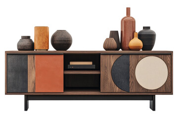 Modern sideboard with decorative vases and storage featuring wood grain and geometric door designs style on transparent background