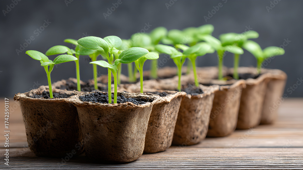 Green plant seedlings growing in biodegradable peat pots Stock Photo ...