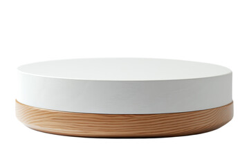 Minimalist product display platform with white surface and wooden base against a studio shot on transparent background