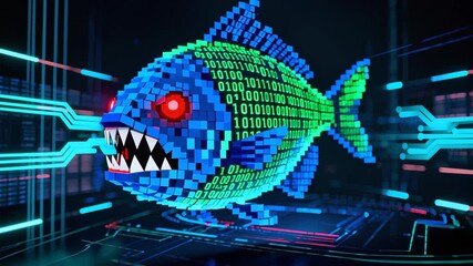 Aggressive digital entity with razor-sharp teeth constructed from binary fragments, emerging within complex technological circuit landscape. Menacing red eye and geometric pixel structure