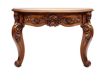 Ornate wooden console table with carved details and curved legs against a showcases craftsmanship on transparent background