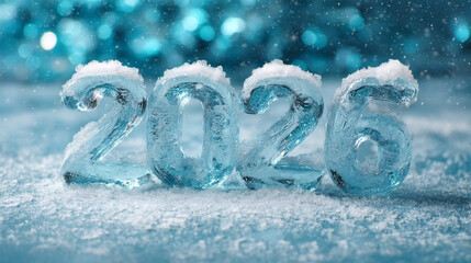 Ice sculpted year two thousand twenty six on snowy blue bokeh background
