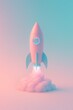 © Thomas - 3D rocket launching in pastel sky with clouds