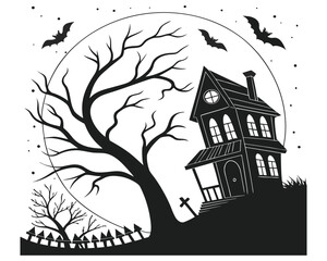 A creepy, silhouetted haunted house stands on a hill under a large full moon. Bats fly overhead near a bare, gnarled tree