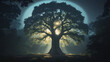 © AYUB - Dramatic blue-toned photograph of an old, huge tree with an intense sunburst at the center.