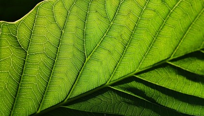 close up of green leaves with backlight showing fine veins and shadow play natural botanical texture ideal for backgrounds and prints real photo no ai