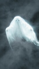 Wall Mural - Vertical Ghost Flying out of Darkness 4K Loop features a white glowing ghost flying toward the viewer through thick fog in a vertical ratio loop.