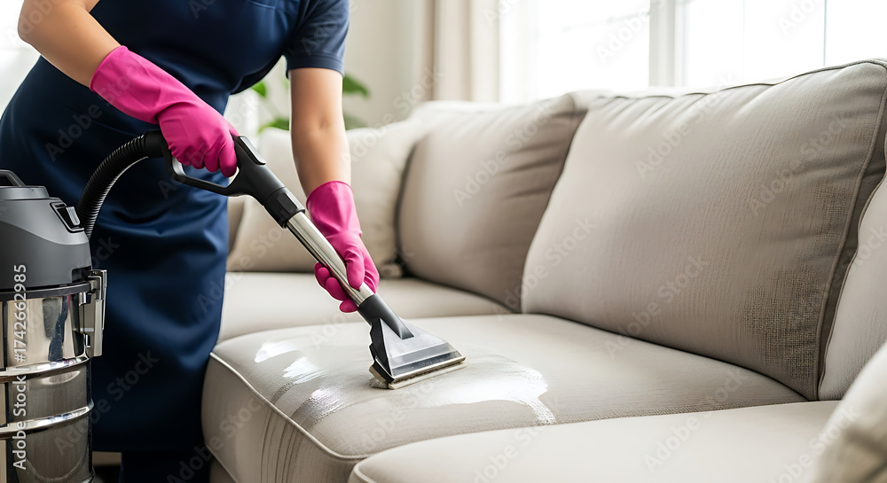 Professional cleaner using a vacuum cleaner to clean a sofa in a living ...