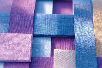 Wall Mural - Textured abstract interwoven blue, purple, pink fabric design background.